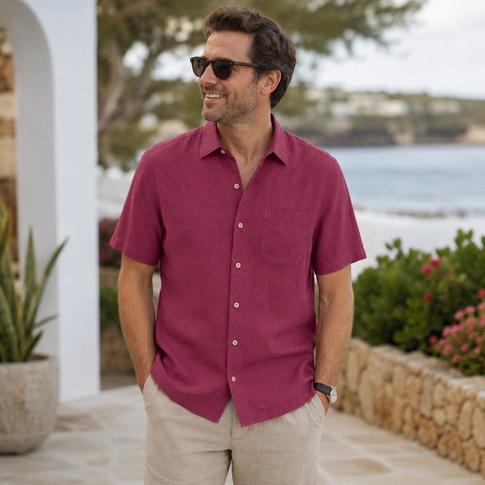 Tommy Bahama 100% Silk Camp Shirt Men's M Dark Pink Red Button Front Hawaiian